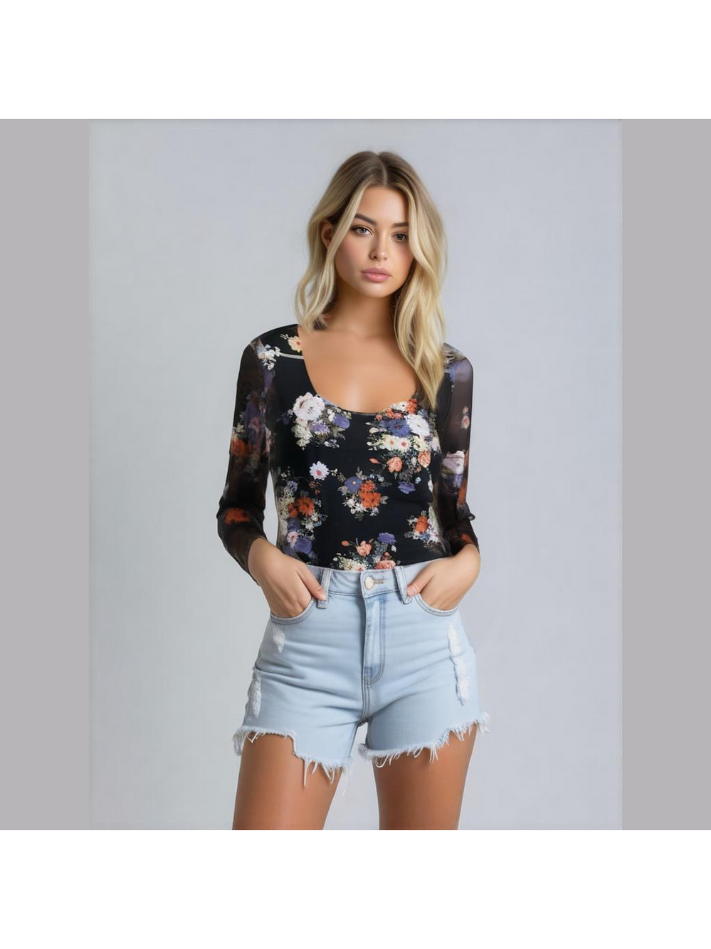 White Birch Floral Sheer Long Sleeve Bodysuit Small Y2K